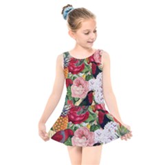 Tropical Bird Floral Kids  Skater Dress Swimsuit