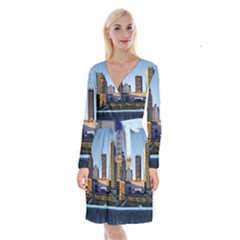 Columbus Skyline Long Sleeve Velvet Front Wrap Dress by Riverwoman