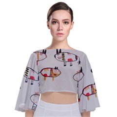 Children Children Drawing Flock Tie Back Butterfly Sleeve Chiffon Top