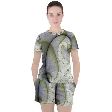 Graphic Fractal Eddy Curlicue Leaf Women s Tee And Shorts Set by Pakrebo