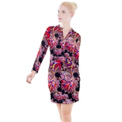 Fractals Colorful Pattern Button Long Sleeve Dress