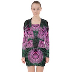 Fractal Traditional Fractal Hypnotic V-neck Bodycon Long Sleeve Dress by Pakrebo