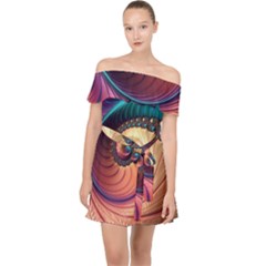 Fractal Multi Colored Fantasia Off Shoulder Chiffon Dress