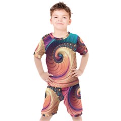 Fractal Multi Colored Fantasia Kids  Tee And Shorts Set