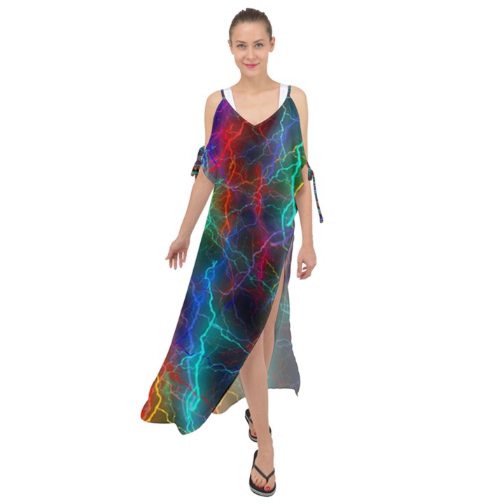 Wizzard Flashes Pattern Abstract Maxi Chiffon Cover Up Dress