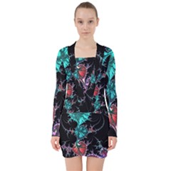 Fractal Colorful Abstract Aesthetic V-neck Bodycon Long Sleeve Dress by Pakrebo