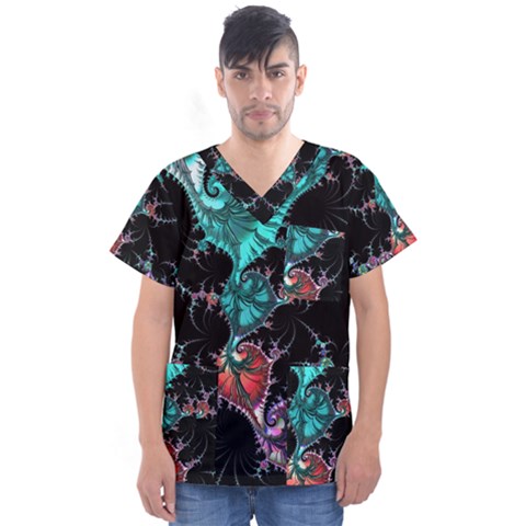 Fractal Colorful Abstract Aesthetic Men s V-neck Scrub Top by Pakrebo