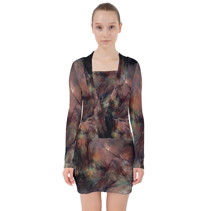 Abstract Fractal Digital Backdrop V-neck Bodycon Long Sleeve Dress