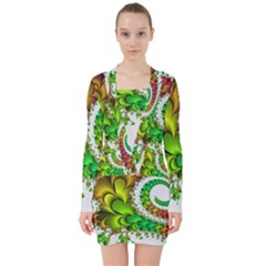 Fractal Abstract Aesthetic Pattern V-neck Bodycon Long Sleeve Dress by Pakrebo