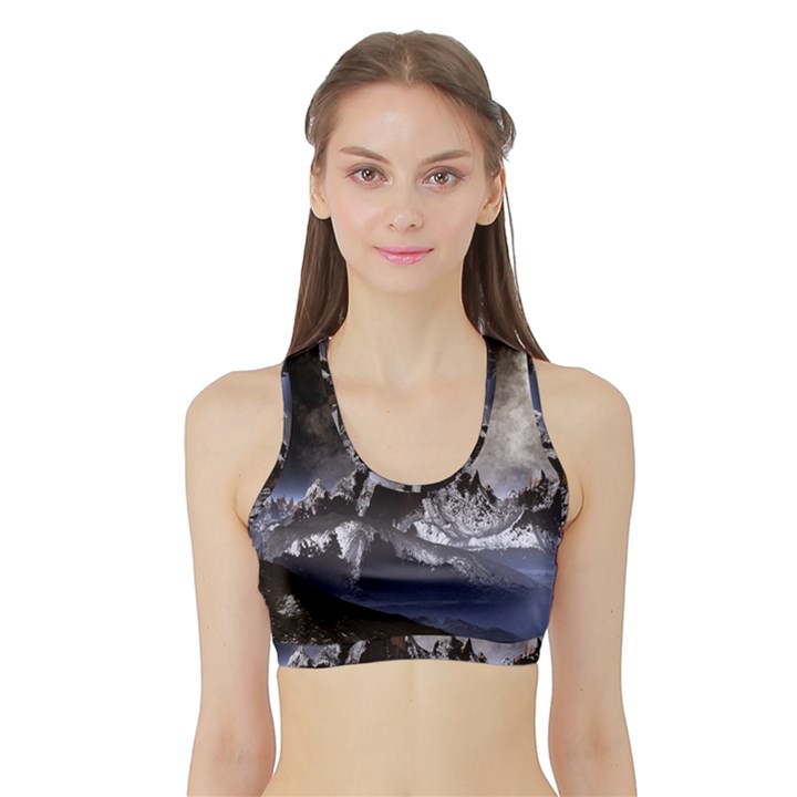 Mountains Moon Earth Space Sports Bra with Border