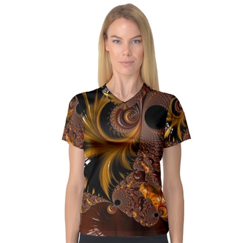 Fractal Brown Golden Intensive V-neck Sport Mesh Tee by Pakrebo