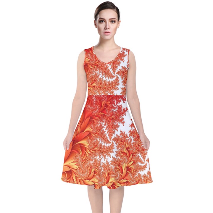 Flora Flowers Background Leaf V-Neck Midi Sleeveless Dress 