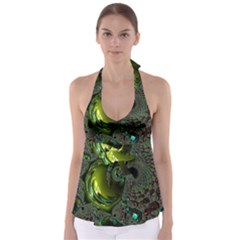 Fractal Intensive Green Olive Babydoll Tankini Top by Pakrebo