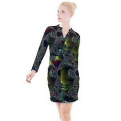 Fractal Intensive Green Olive Button Long Sleeve Dress by Pakrebo