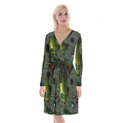 Fractal Intensive Green Olive Long Sleeve Velvet Front Wrap Dress by Pakrebo