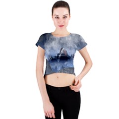 Mountains Moon Earth Space Crew Neck Crop Top by Pakrebo