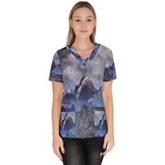 Mountains Moon Earth Space Women s V-neck Scrub Top by Pakrebo