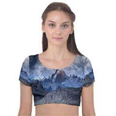 Mountains Moon Earth Space Velvet Short Sleeve Crop Top  by Pakrebo