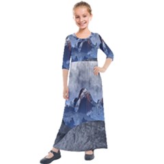 Mountains Moon Earth Space Kids  Quarter Sleeve Maxi Dress by Pakrebo