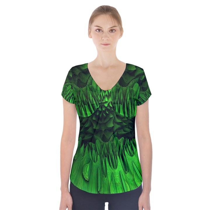 Fractal Rendering Background Green Short Sleeve Front Detail Top