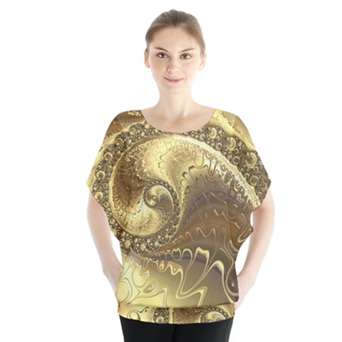 Fractal Golden Background Aesthetic Batwing Chiffon Blouse by Pakrebo