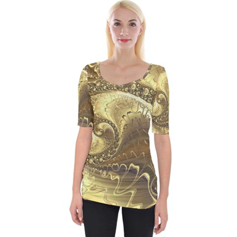 Fractal Golden Background Aesthetic Wide Neckline Tee by Pakrebo