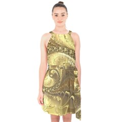 Fractal Golden Background Aesthetic Halter Collar Waist Tie Chiffon Dress by Pakrebo