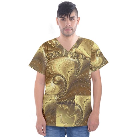 Fractal Golden Background Aesthetic Men s V-neck Scrub Top by Pakrebo