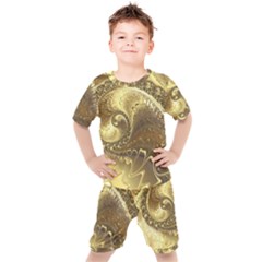 Fractal Golden Background Aesthetic Kids  Tee And Shorts Set by Pakrebo