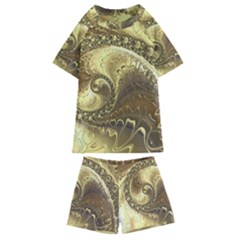 Fractal Golden Background Aesthetic Kids  Swim Tee And Shorts Set by Pakrebo