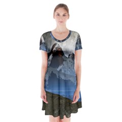 Mountains Moon Earth Space Short Sleeve V-neck Flare Dress by Pakrebo