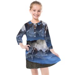 Mountains Moon Earth Space Kids  Quarter Sleeve Shirt Dress by Pakrebo