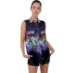 Brush Particles Music Clef Wave Sleeveless Chiffon Button Shirt