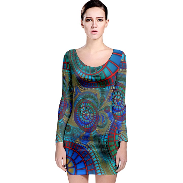 Fractal Abstract Line Wave Design Long Sleeve Bodycon Dress