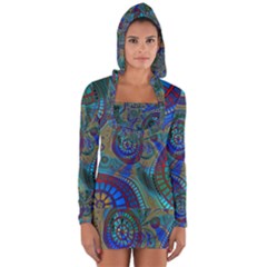 Fractal Abstract Line Wave Design Long Sleeve Hooded T-shirt by Pakrebo