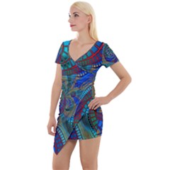 Fractal Abstract Line Wave Design Short Sleeve Asymmetric Mini Dress by Pakrebo