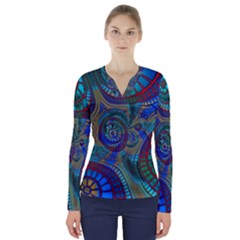 Fractal Abstract Line Wave Design V-neck Long Sleeve Top by Pakrebo