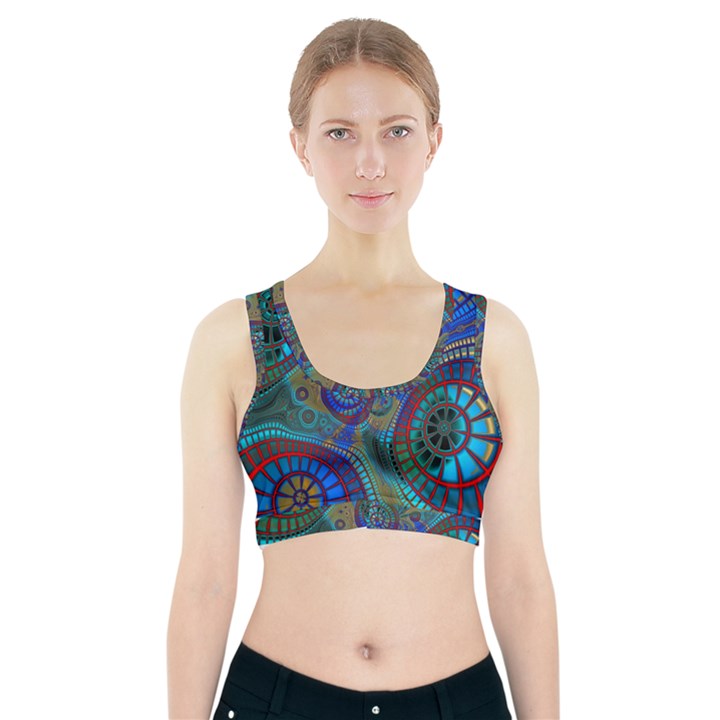 Fractal Abstract Line Wave Design Sports Bra With Pocket