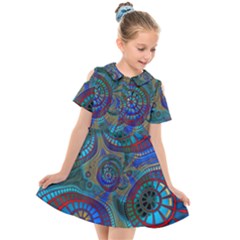 Fractal Abstract Line Wave Design Kids  Short Sleeve Shirt Dress by Pakrebo