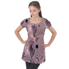 Fractal Tender Rose Cream Puff Sleeve Tunic Top by Pakrebo