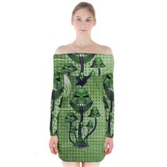 Funny Mushroom Skulls With Crow And Butterflies Long Sleeve Off Shoulder Dress by FantasyWorld7