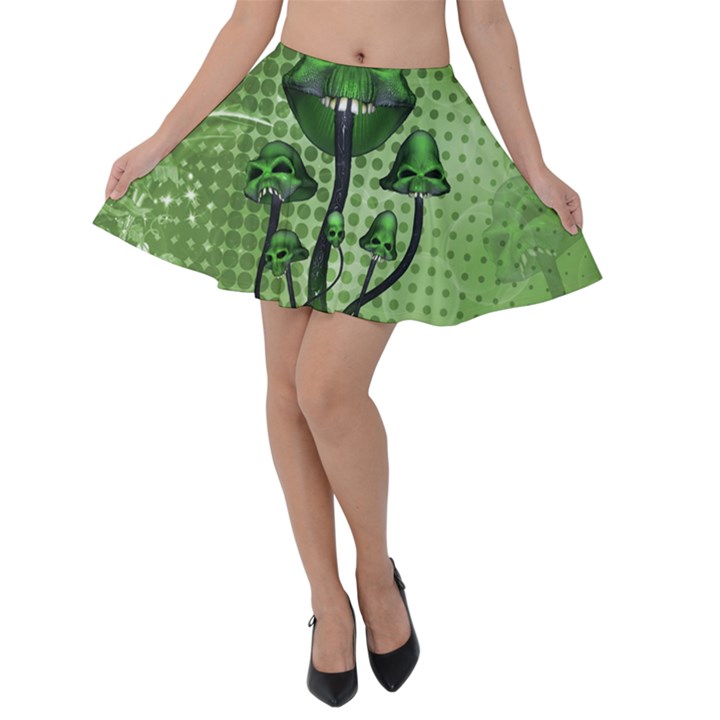 Funny Mushroom Skulls With Crow And Butterflies Velvet Skater Skirt