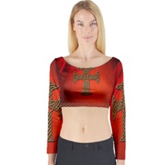 Wonderful Celtic Cross On Vintage Background Long Sleeve Crop Top by FantasyWorld7