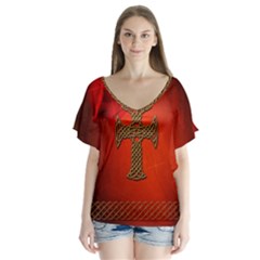 Wonderful Celtic Cross On Vintage Background V-neck Flutter Sleeve Top by FantasyWorld7