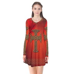 Wonderful Celtic Cross On Vintage Background Long Sleeve V-neck Flare Dress by FantasyWorld7