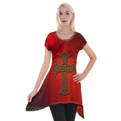 Wonderful Celtic Cross On Vintage Background Short Sleeve Side Drop Tunic by FantasyWorld7