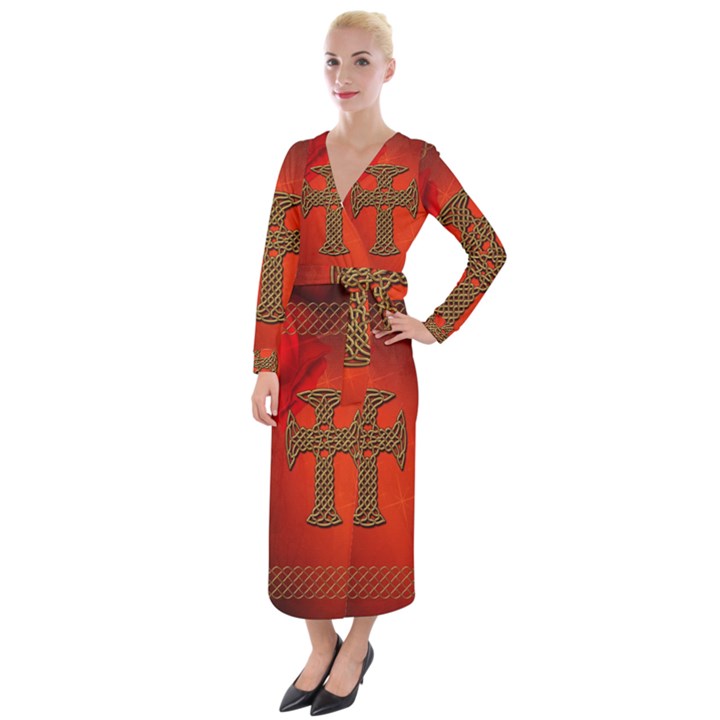 Wonderful Celtic Cross On Vintage Background Velvet Maxi Wrap Dress