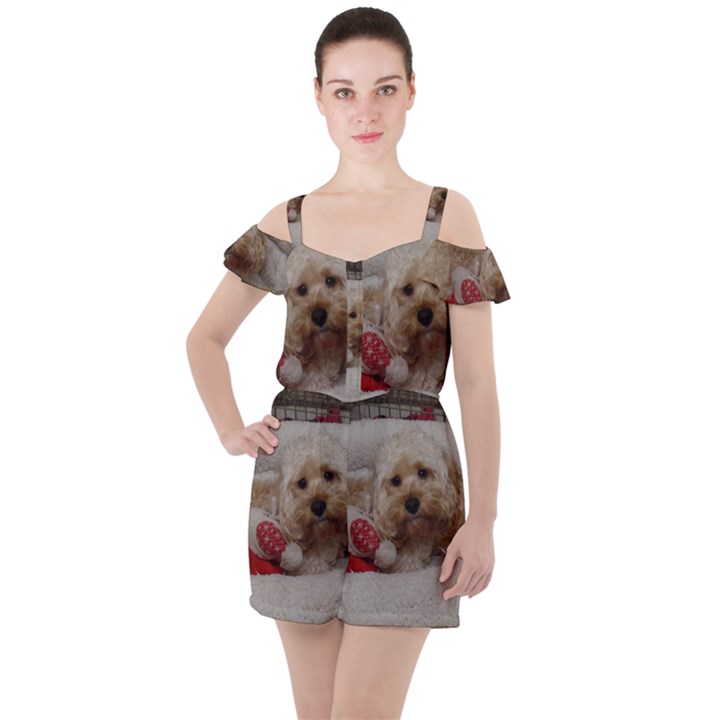 Cockapoo In Dog s Bed Ruffle Cut Out Chiffon Playsuit