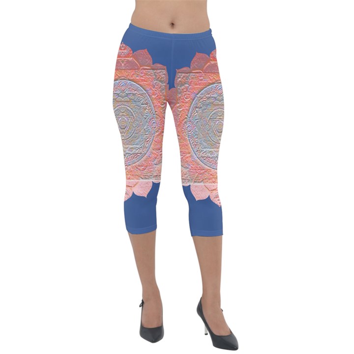 Boho Bliss Peach Metallic Mandala Lightweight Velour Capri Leggings 