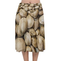 Shellfishs Photo Print Pattern Velvet Flared Midi Skirt